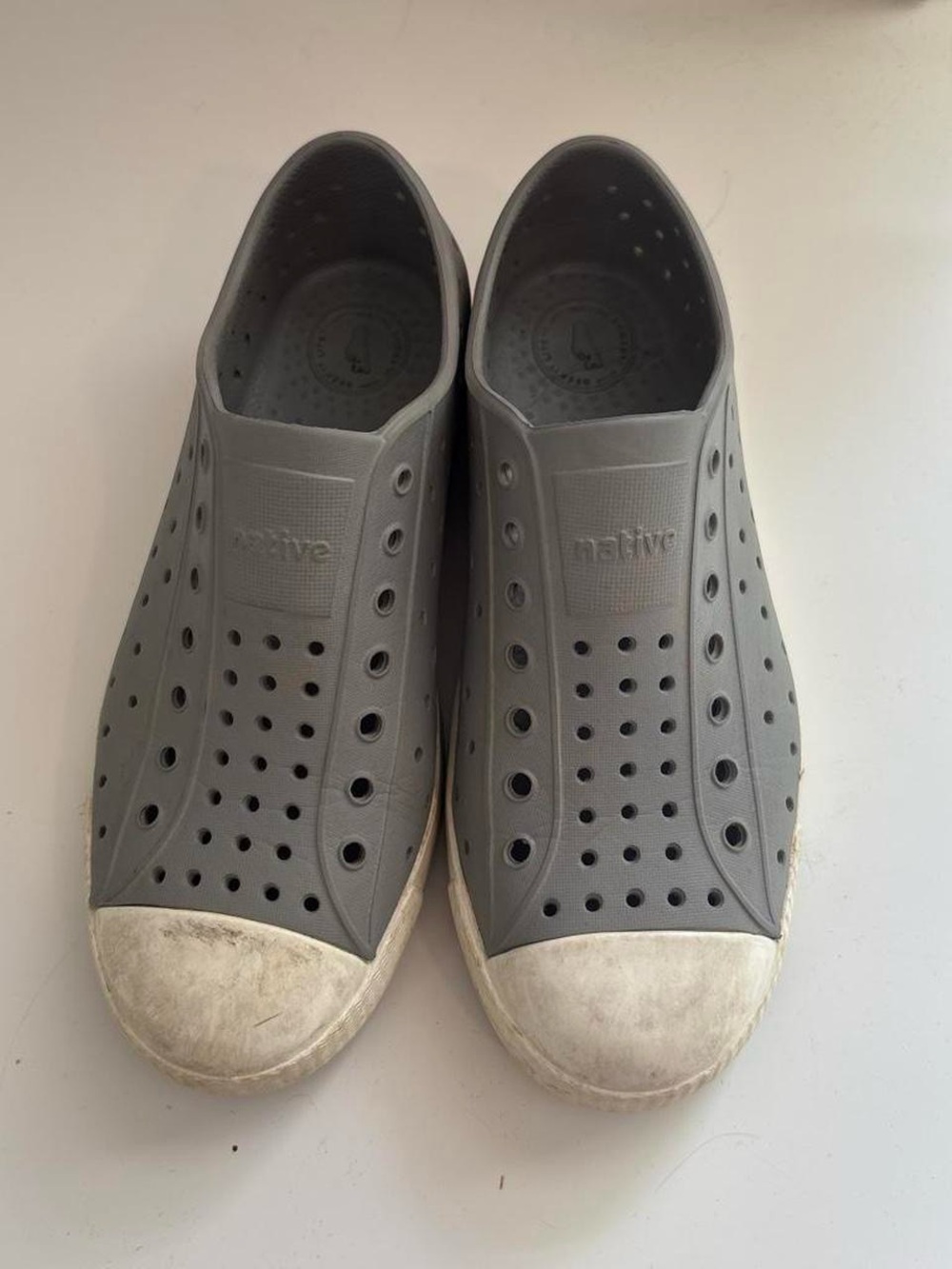 Native Shoes Grey Slip-On Loafers with White Toe Cap
